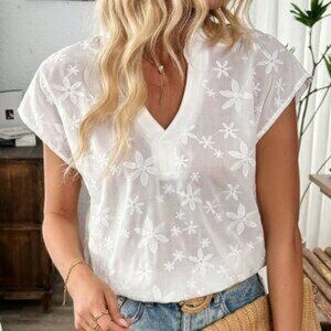 White Casual Women's Floral Embroidery Notched Neck Blouse